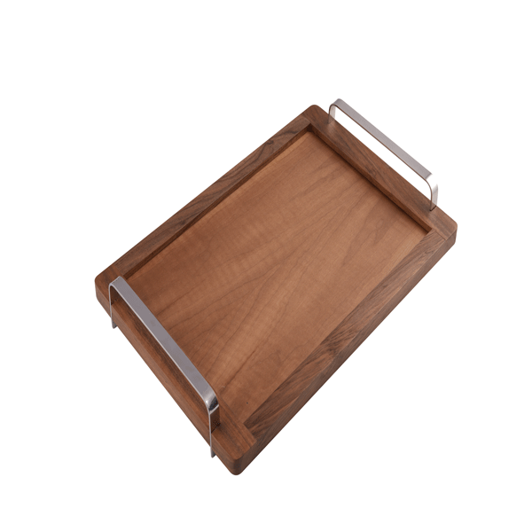 تصویر سینی پذیرایی دسته U استیل براق سایز M طرح old wood باریکو