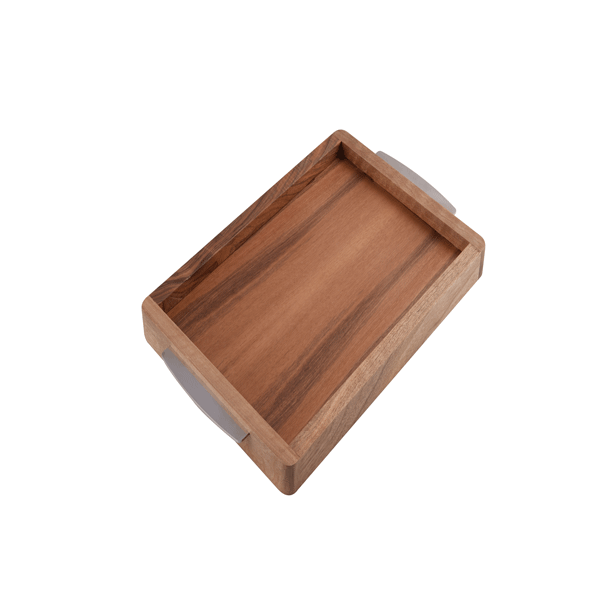 تصویر سینی پذیرایی دسته زبانه ای استیل براق سایز S طرح old wood باریکو