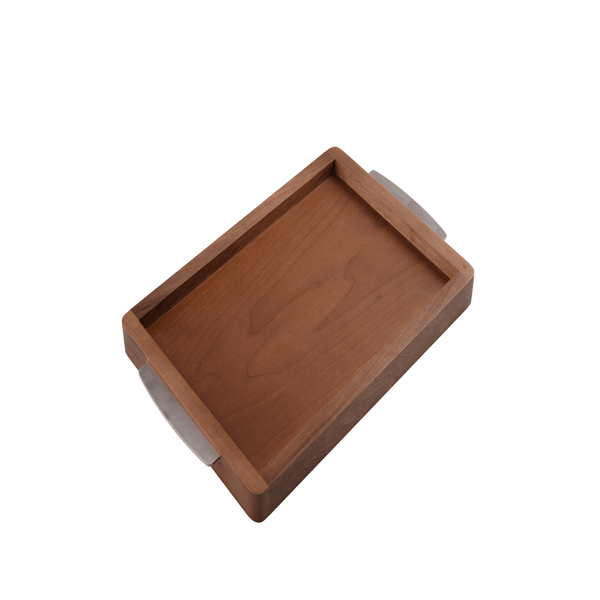 تصویر سینی پذیرایی دسته زبانه ای استیل مات سایز S طرح old wood باریکو