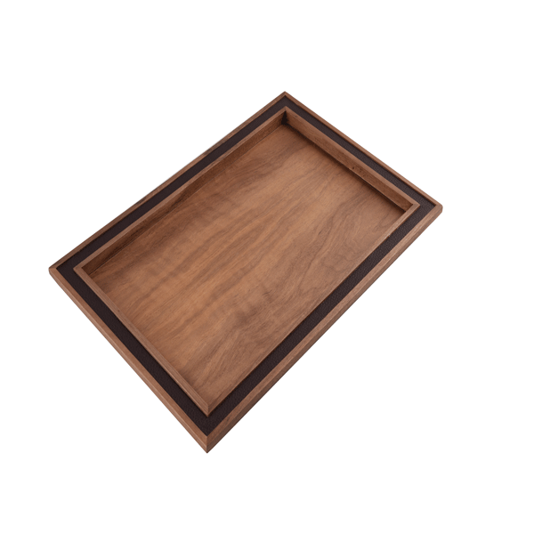 تصویر سینی پذیرایی قابی نوار چرم قهوه ای تیره کف چوبی سایز M طرح old wood باریکو