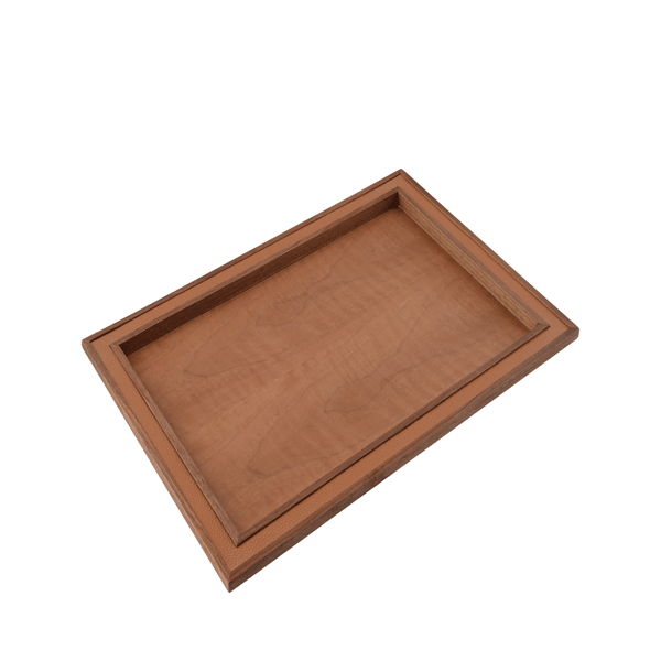 تصویر سینی پذیرایی قابی نوار چرم عسلی کف چوبی سایز M طرح old wood باریکو